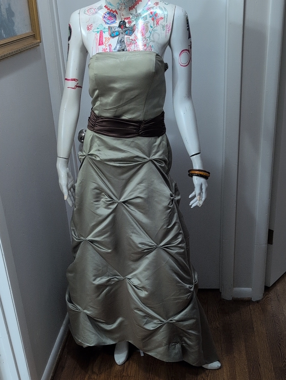 Bill Levkoff Sage Green Strapless Satin Gown with Brown Waistband